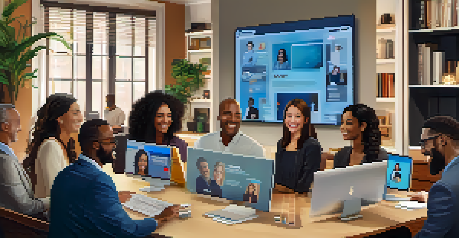 A group of diverse professionals engaged in a virtual networking session with a split-screen view of their smiling faces.