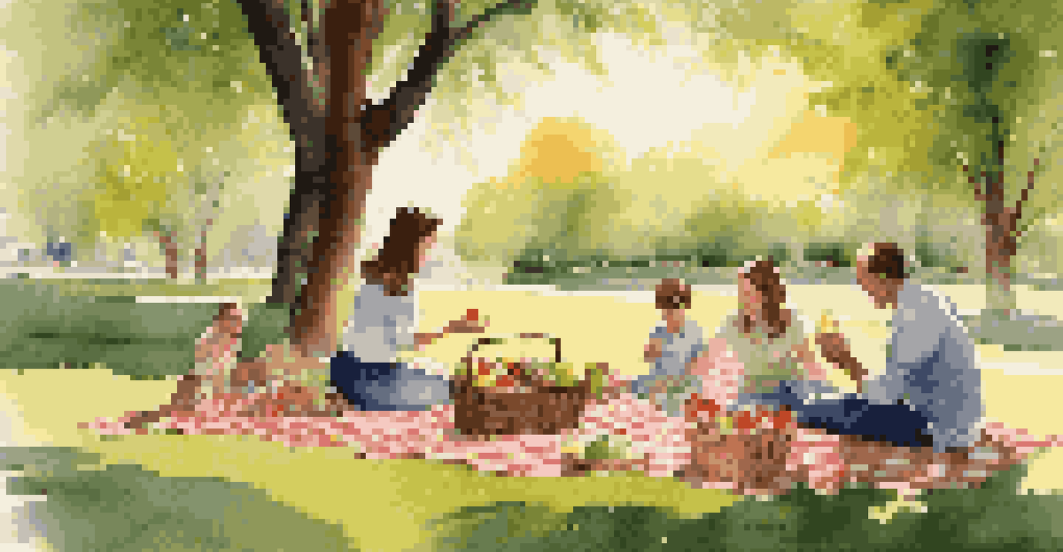 A family having a picnic in a sunny park, with a blanket and a basket of food, surrounded by children playing.