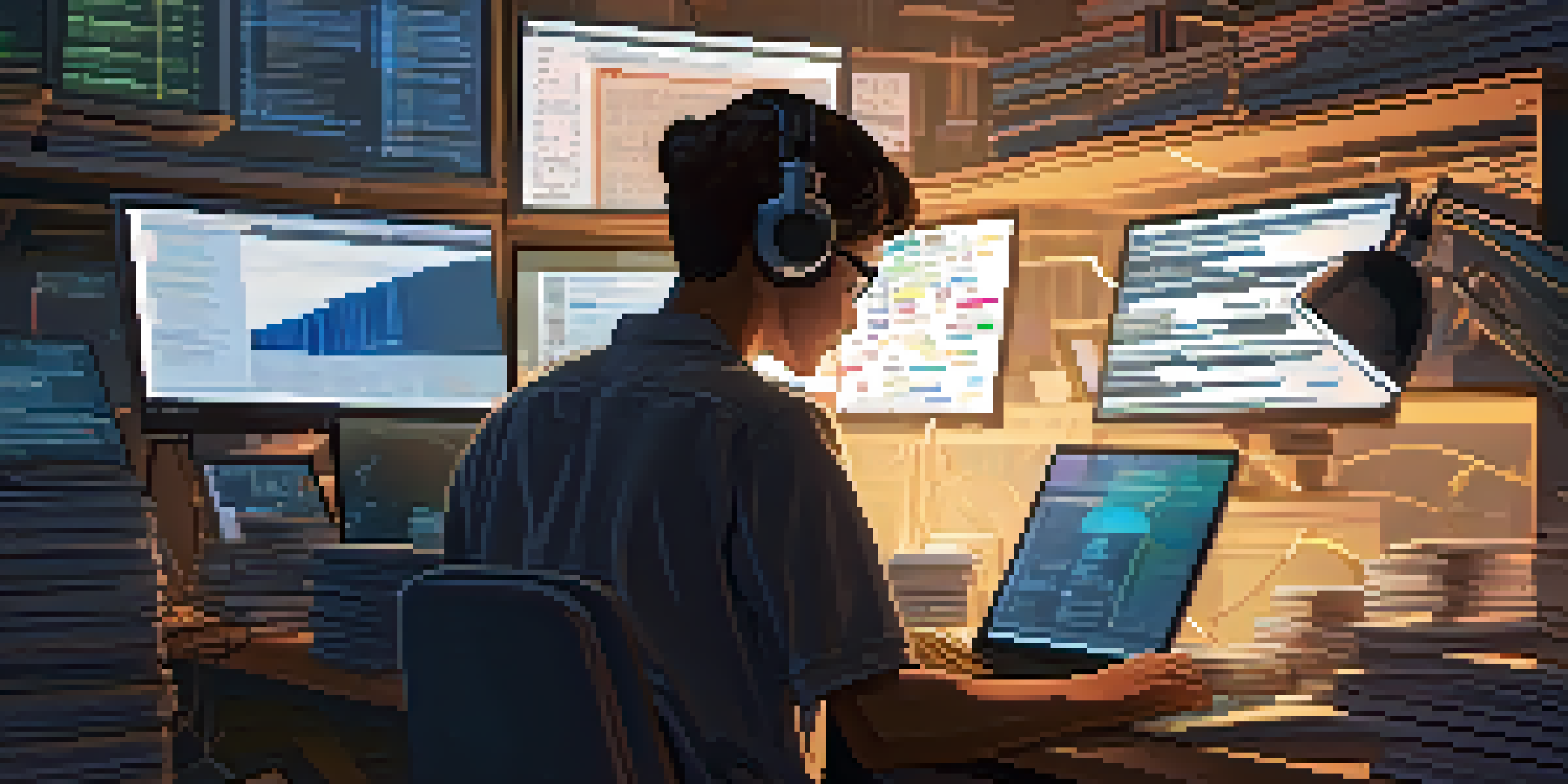 An individual focused on coding at a desk filled with books and notes.