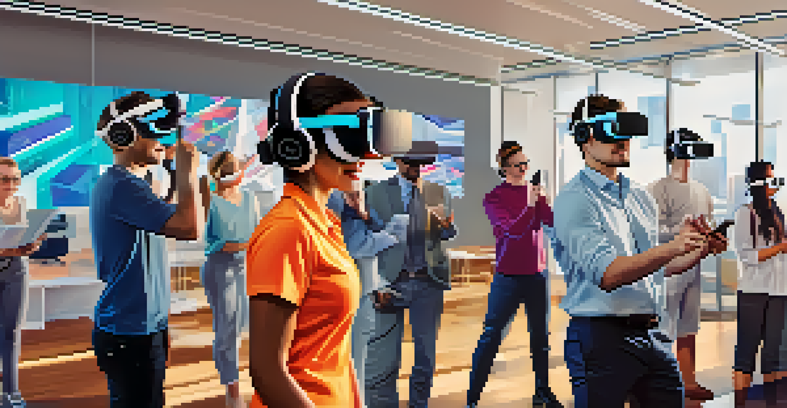 Employees participating in a virtual reality training session, experiencing different workplace perspectives.