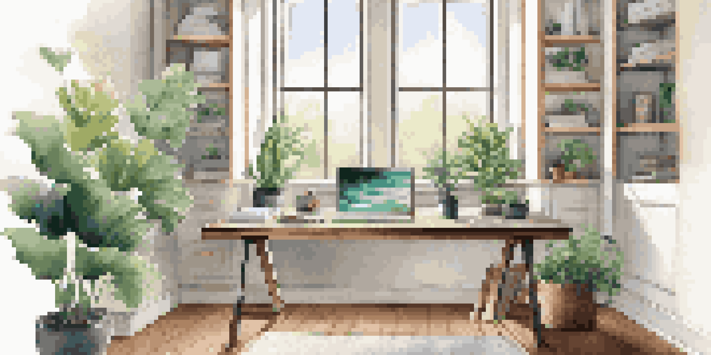 A contemporary home office with a desk, laptop, plants, and a bright window overlooking nature.