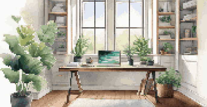 A contemporary home office with a desk, laptop, plants, and a bright window overlooking nature.