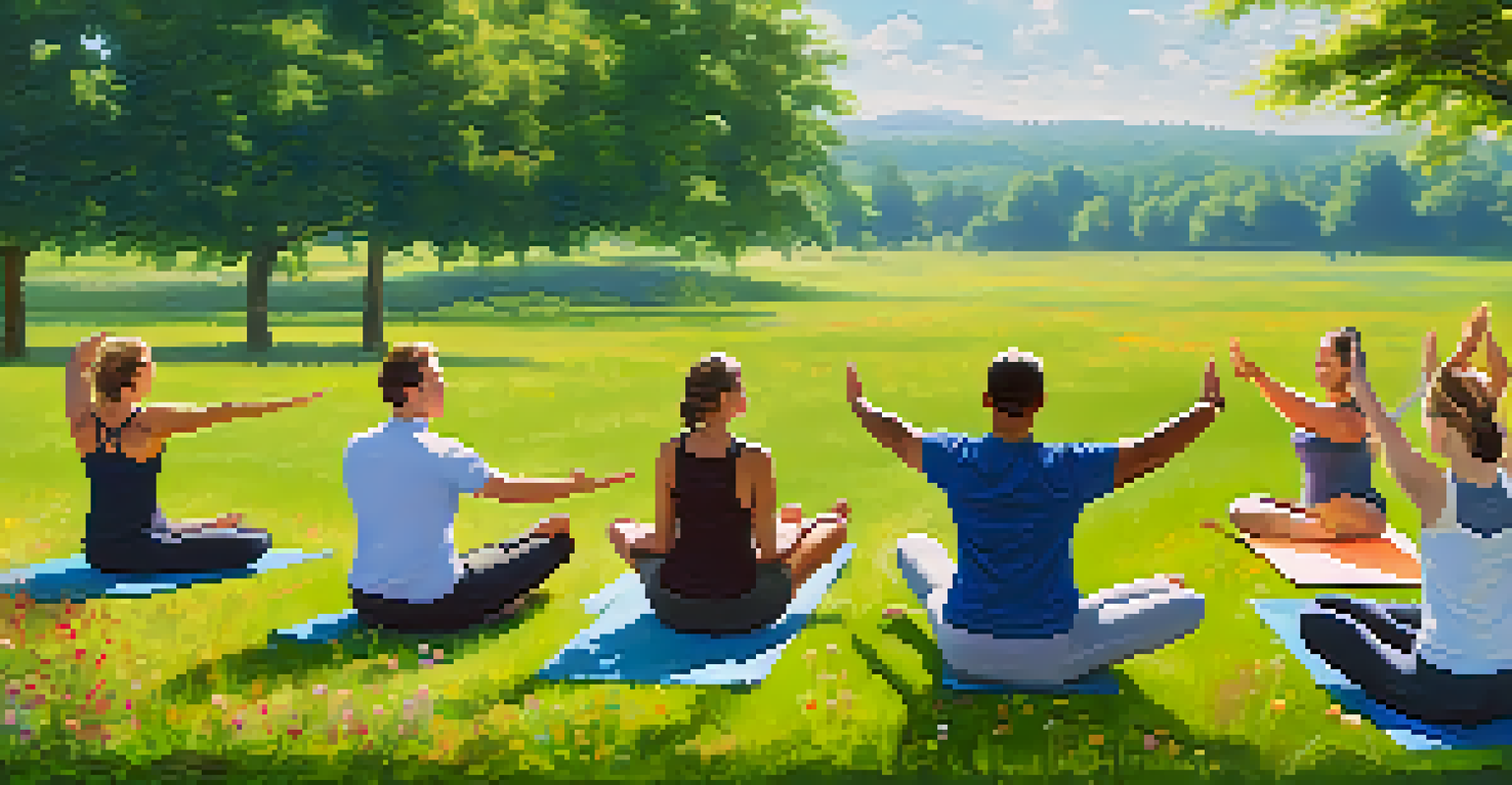 Colleagues doing yoga together in a beautiful outdoor setting.
