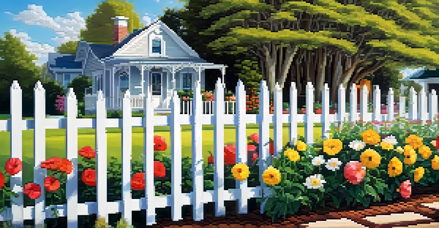 A vibrant garden enclosed by a white fence, filled with flowers under a blue sky, symbolizing personal boundaries.