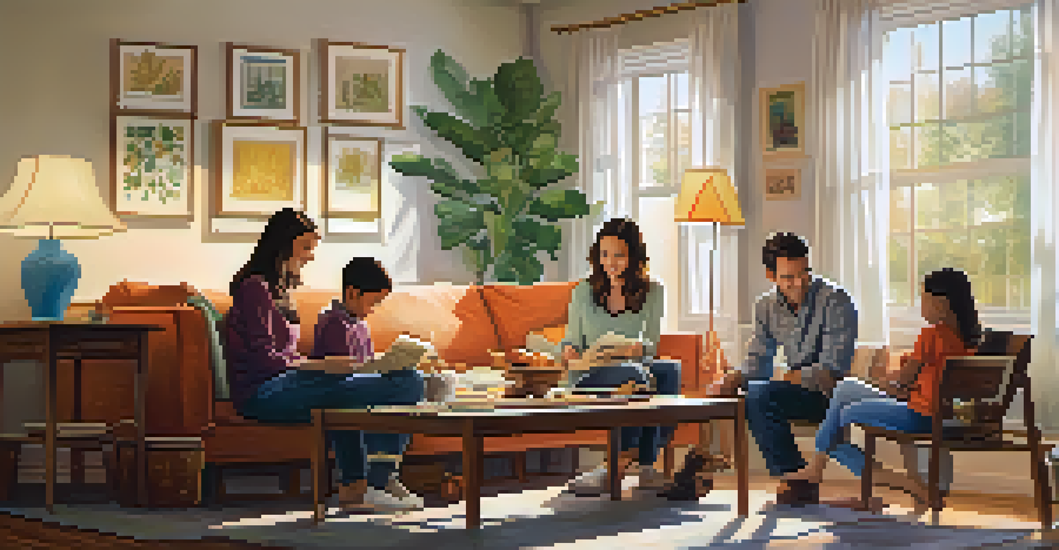 A family gathered in a living room, collaborating on a project at a table, surrounded by warm decor.