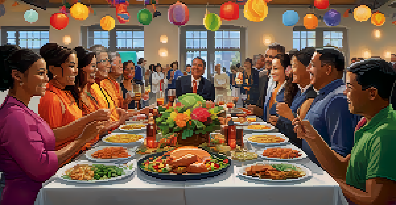 Employees celebrating cultural diversity at a corporate event with decorations, traditional attire, and a potluck table of diverse foods in a warm atmosphere.