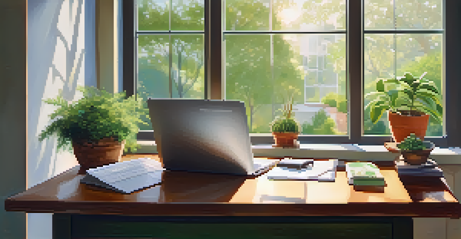 An office with a view of a garden, featuring a desk with a laptop and a coffee cup, illuminated by soft natural light.