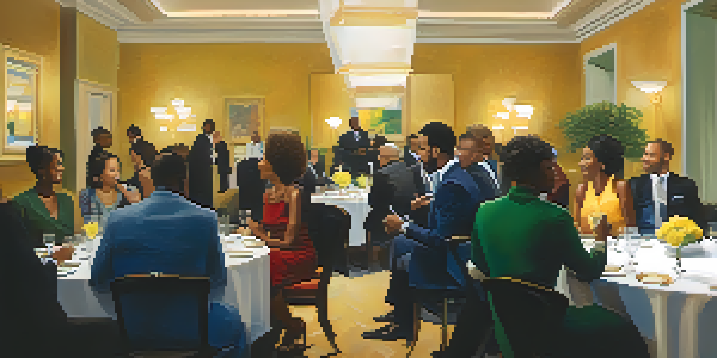 A diverse group of professionals networking at an event, exchanging ideas and business cards in a warmly lit room.