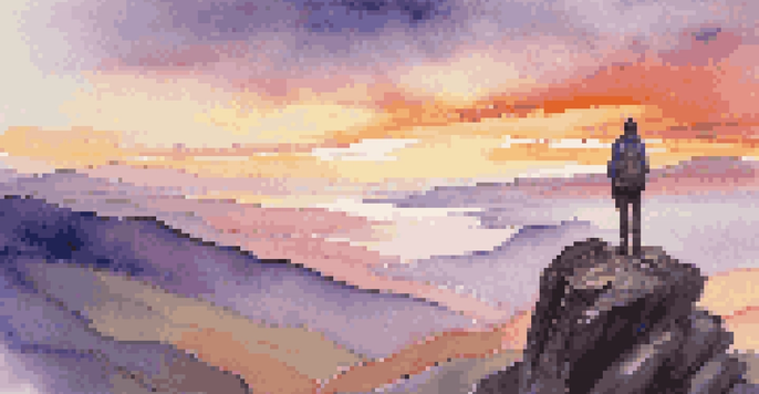 A person in casual hiking attire stands on the edge of a cliff, looking over a valley at sunset with vibrant colors in the sky.