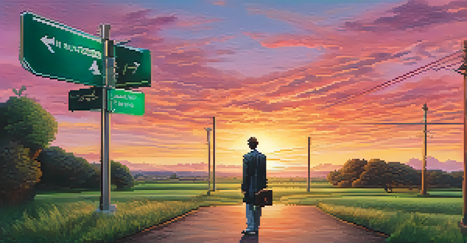 A person at a crossroads with signposts indicating various career paths, set against a colorful sunset sky.
