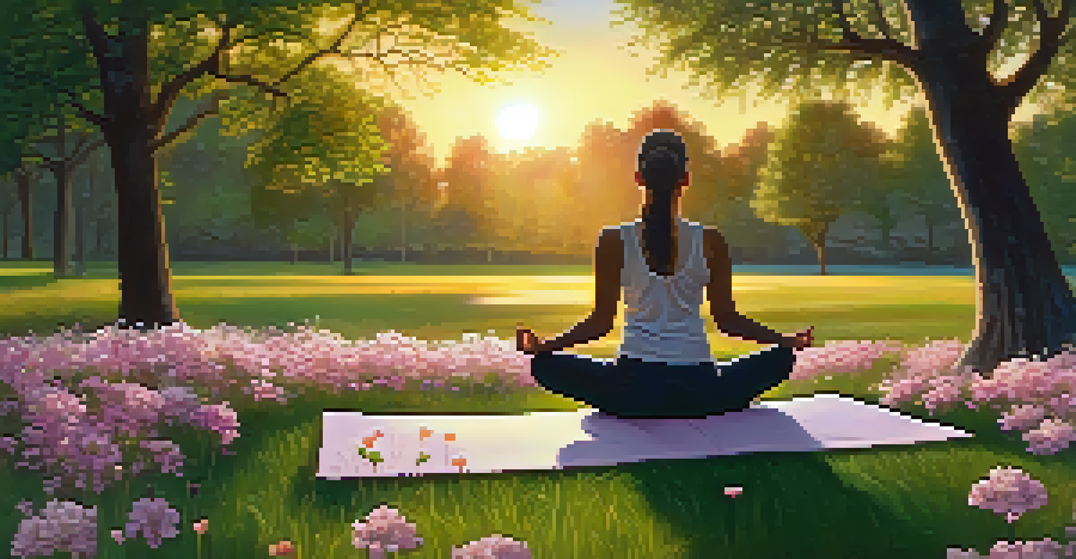 A person practicing yoga on a mat in a park during sunset, surrounded by trees and flowers, representing self-care and tranquility.