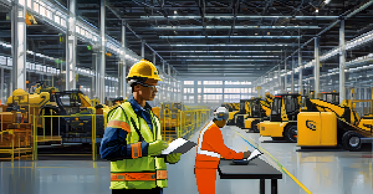 An OSHA inspector in a safety vest examining machinery during a workplace safety inspection in a manufacturing facility.