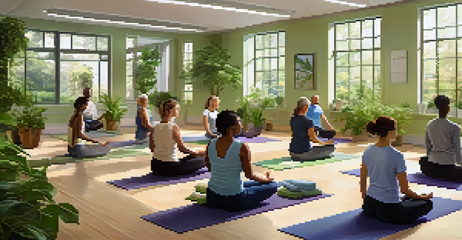 Employees engaging in a yoga class in a bright and serene workspace, showcasing a wellness program with a sense of community.