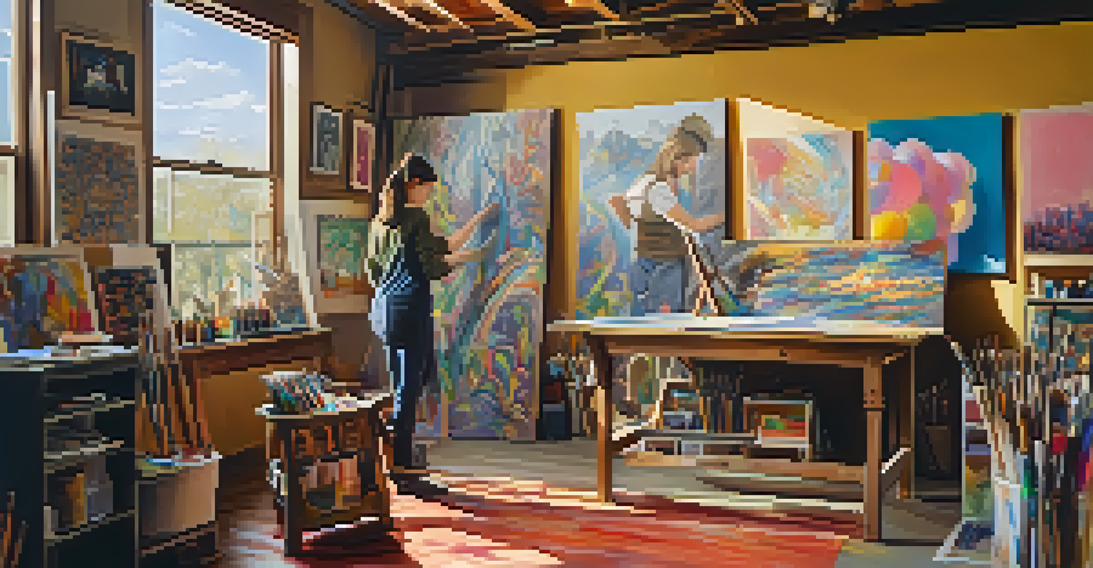 An artist's studio with a gig worker painting a canvas, surrounded by art supplies and illuminated by sunlight.