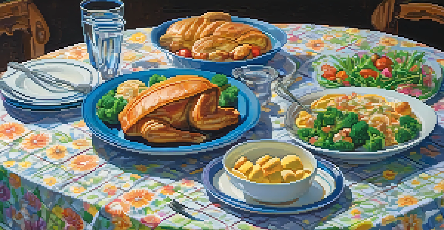 A family dinner table set with a meal and flowers, showcasing a warm and inviting atmosphere.