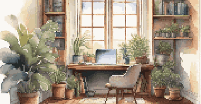 A warm and inviting office environment with a wooden desk, laptop, plants, and a quote on the wall, illuminated by soft sunlight.