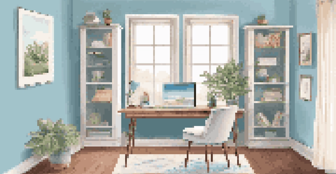 A bright and organized home office with a laptop, coffee mug, and a small plant on the desk, complemented by soft pastel colors and natural light.