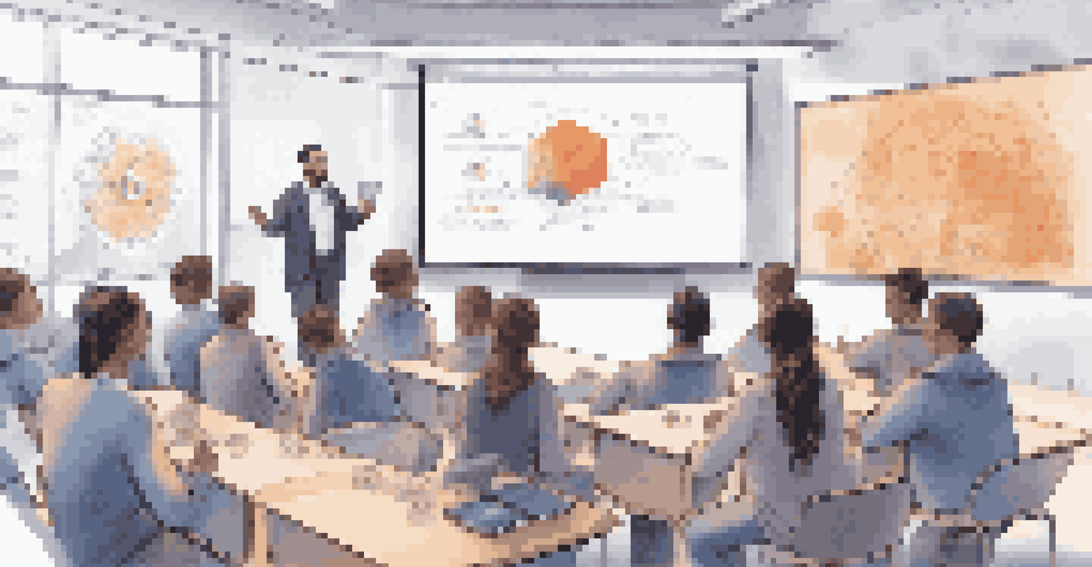 A lecturer teaching blockchain technology to students in a modern classroom filled with technology.