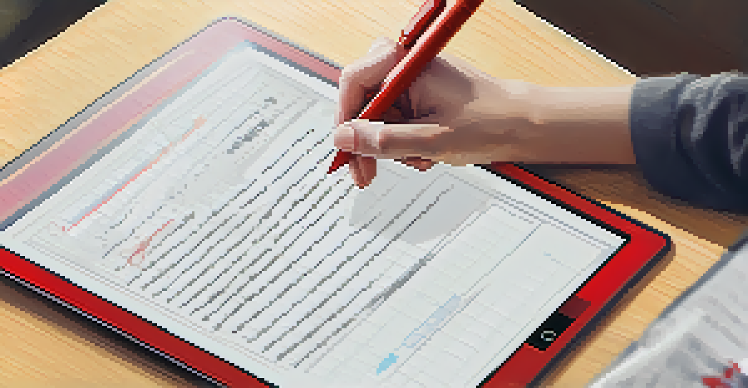 A close-up of a hand proofreading an email on a tablet, with highlighted sections and a red pen nearby.