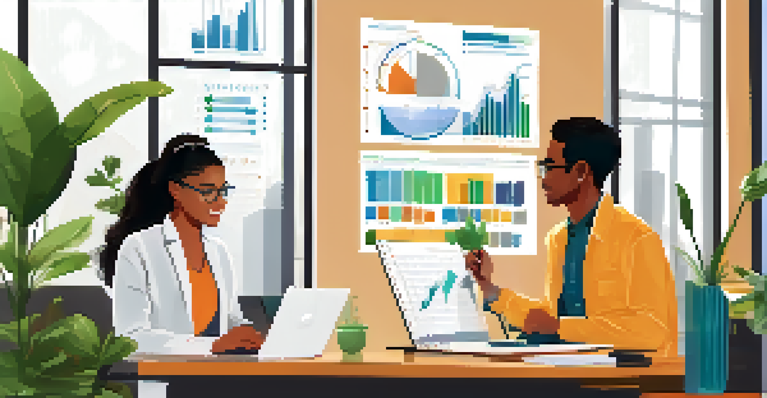 An intern presenting a project to a supervisor in an office, with charts on a laptop and a supervisor taking notes, surrounded by a bright and inviting workspace.