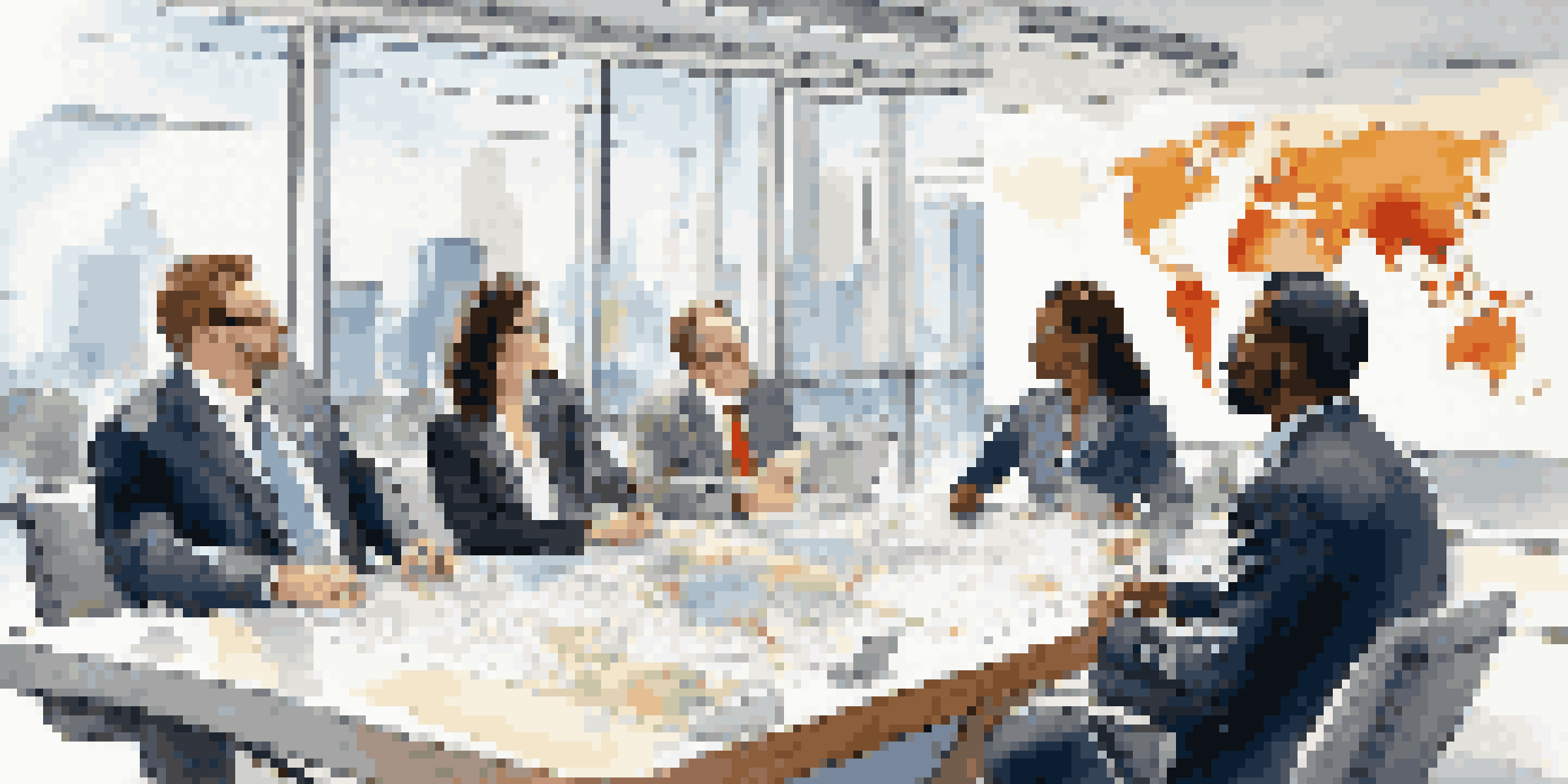 A diverse group of professionals discussing around a conference table in a modern office with a world map in the background.