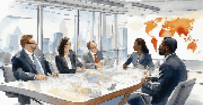 A diverse group of professionals discussing around a conference table in a modern office with a world map in the background.