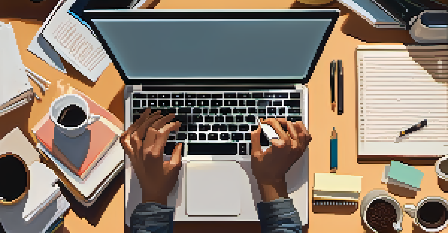 Close-up of hands typing on a laptop with notebooks and coffee cups nearby, illuminated by a warm desk lamp, symbolizing continuous learning.