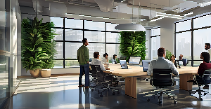 A bright office space with large windows, plants, and a conference table where diverse employees are collaborating and discussing.
