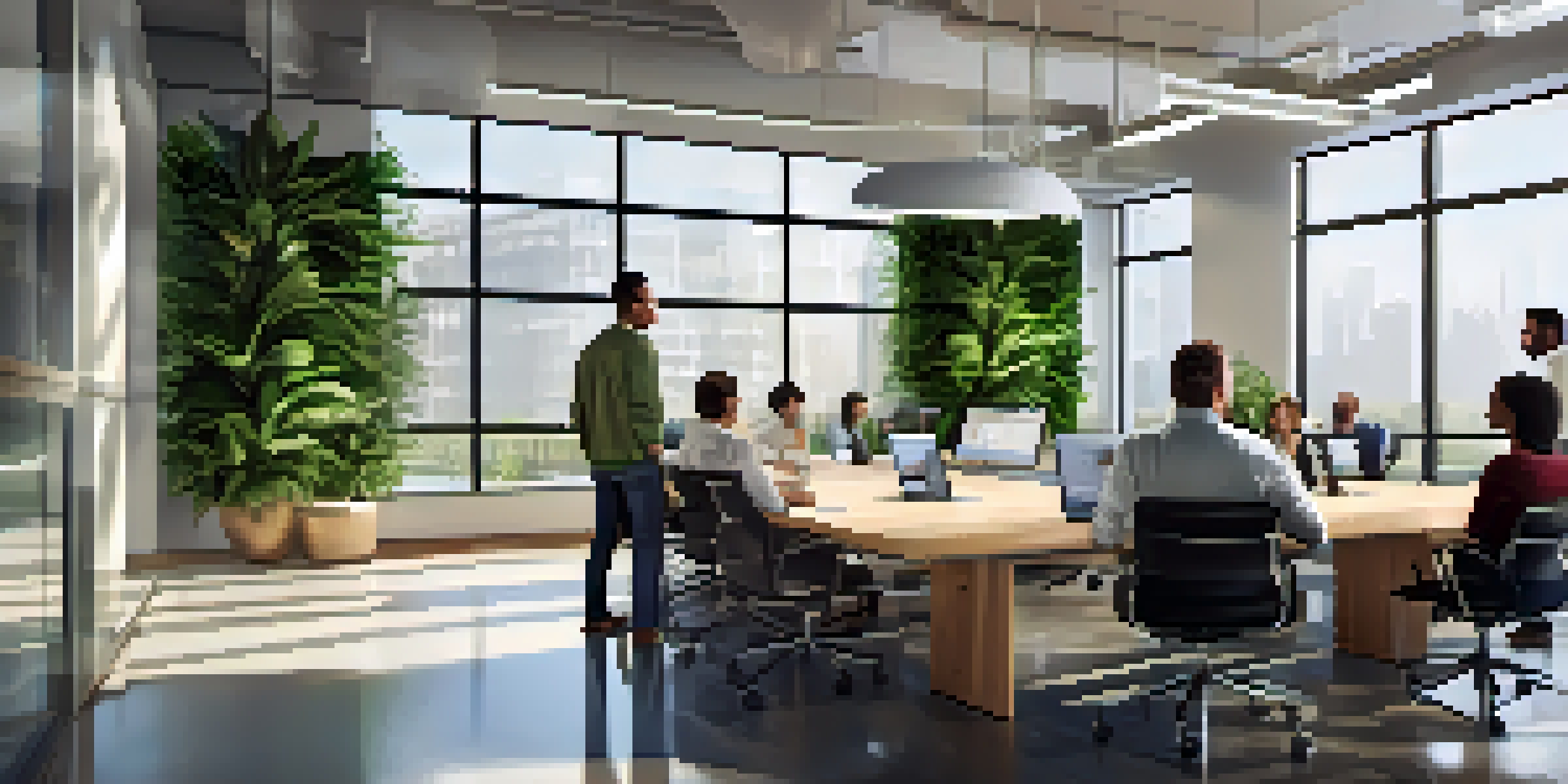 A bright office space with large windows, plants, and a conference table where diverse employees are collaborating and discussing.