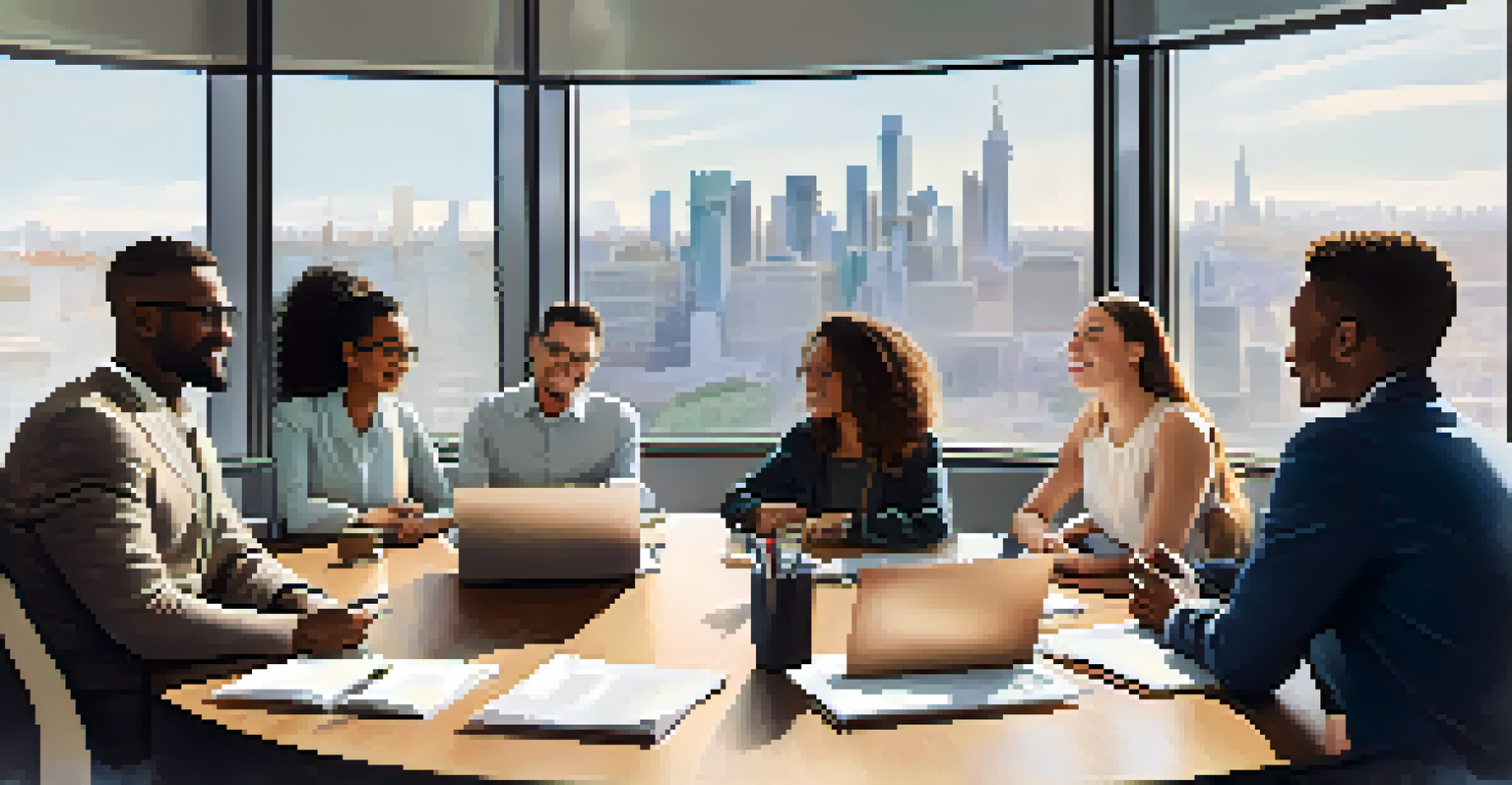 A diverse group of professionals in a bright meeting room, collaborating around a round table with laptops and notepads.