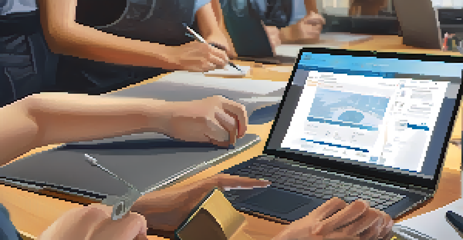 Close-up of hands working on a laptop with a training manual, showcasing teamwork and learning new software.