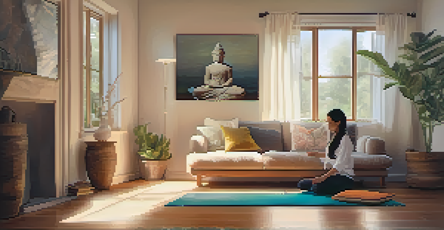 A person meditating on a yoga mat in a cozy living room filled with cushions and soft lighting.