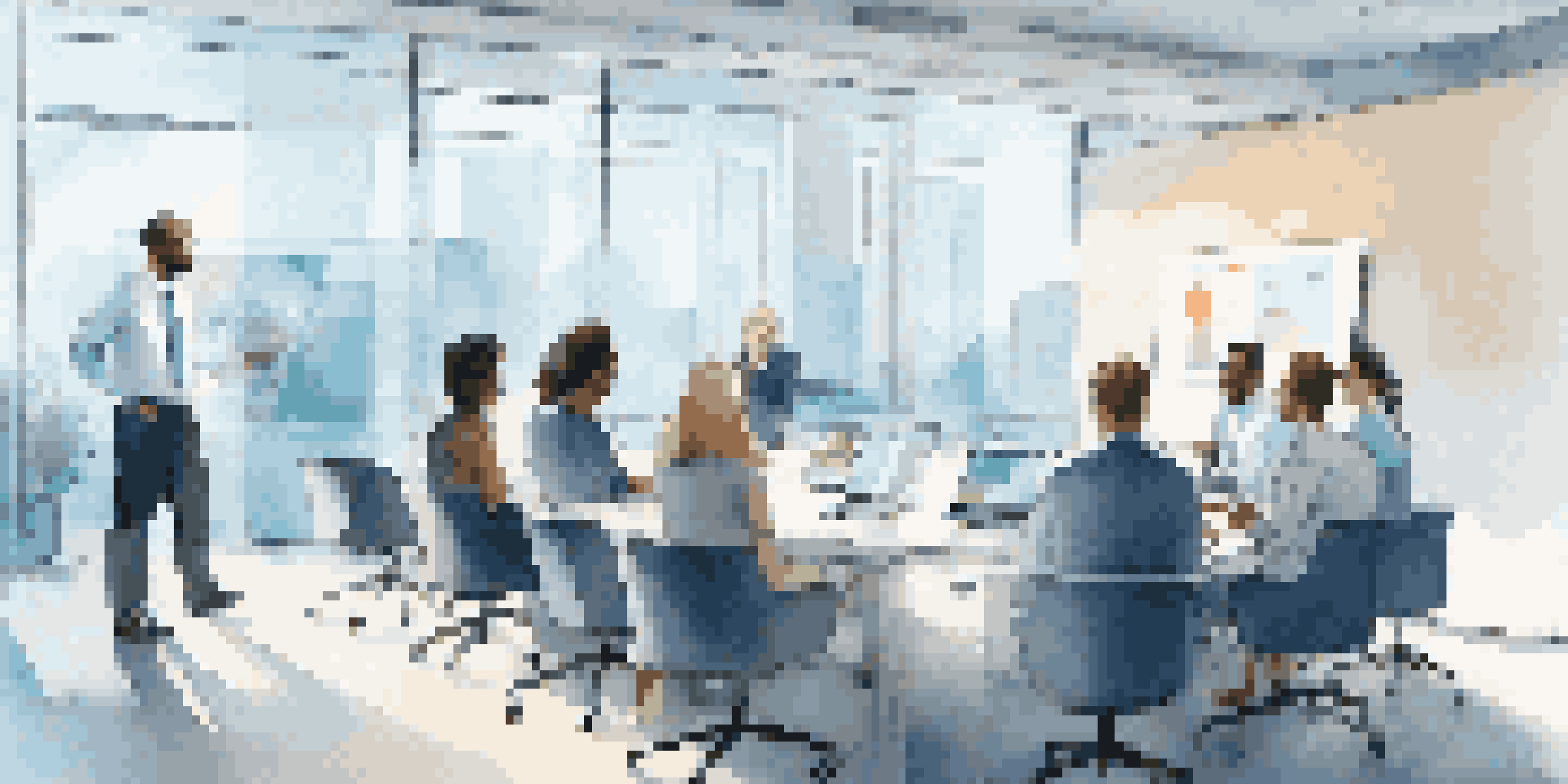A diverse group of professionals in a modern office, engaged in a video conference with a large screen displaying a presentation.