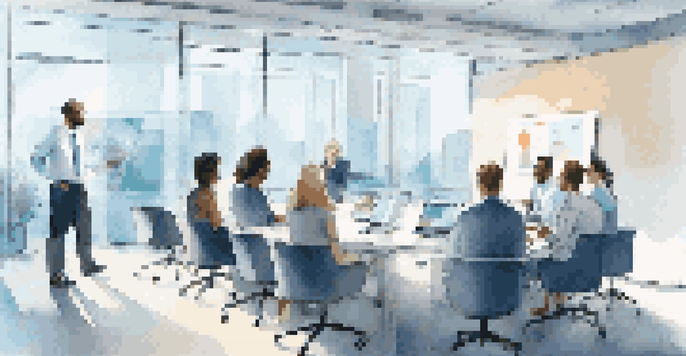 A diverse group of professionals in a modern office, engaged in a video conference with a large screen displaying a presentation.