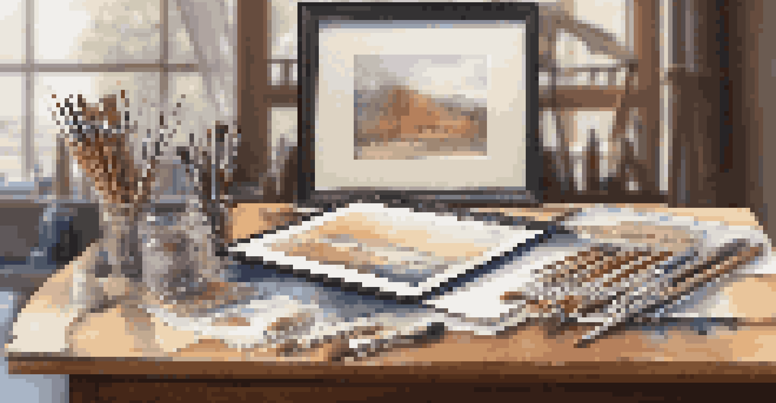 An open physical portfolio with artwork displayed on a table, surrounded by art supplies in soft natural light.