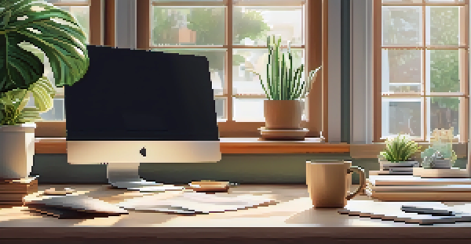 A cozy office workspace with a wooden desk, laptop, houseplants, and coffee, illuminated by soft natural light.