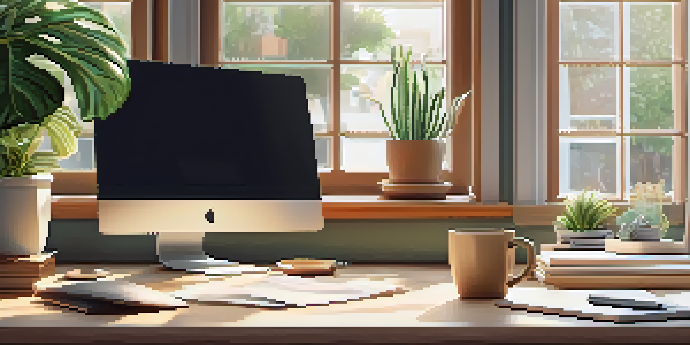 A cozy office workspace with a wooden desk, laptop, houseplants, and coffee, illuminated by soft natural light.