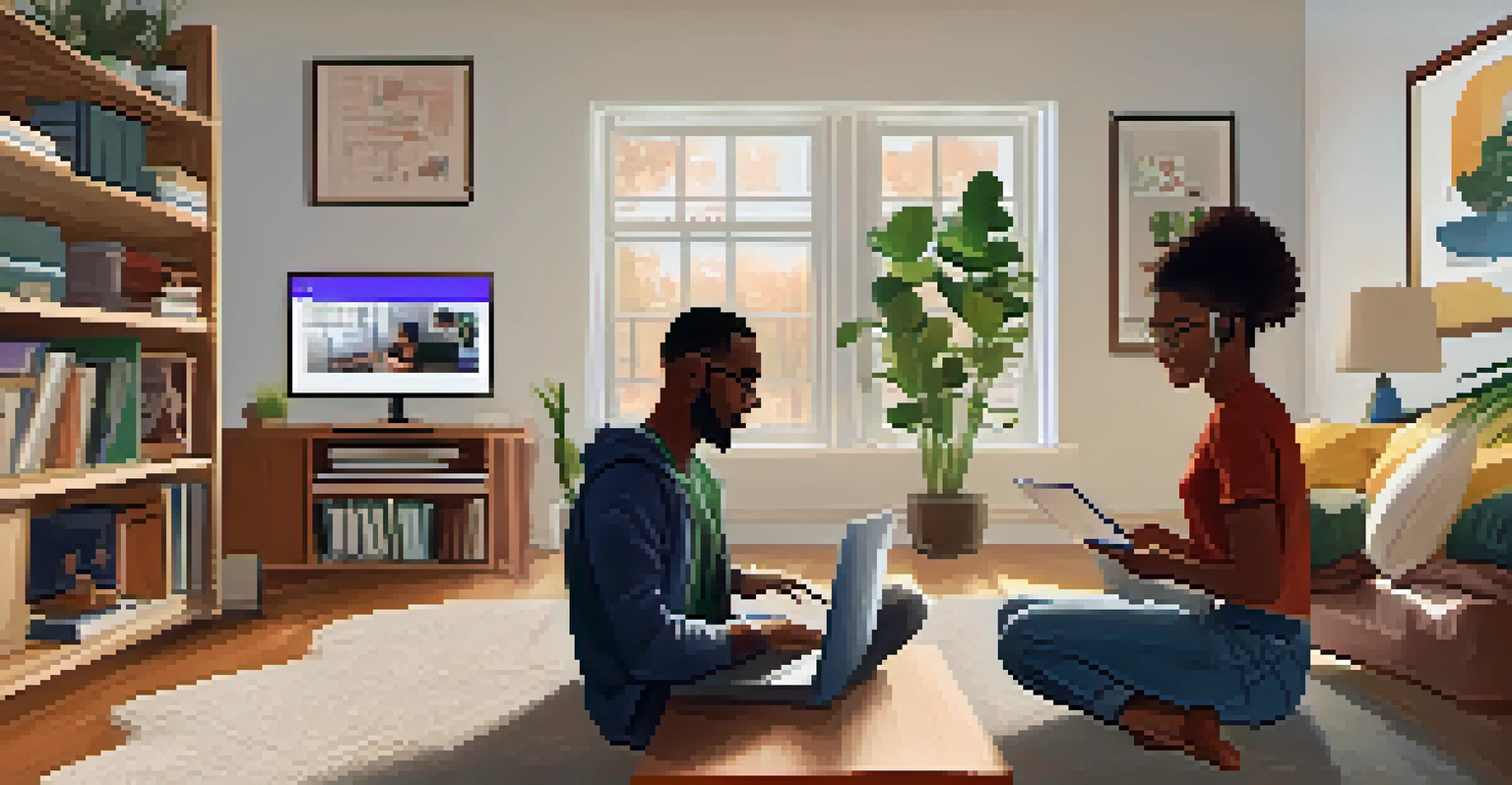 A group of diverse students participating in an online class from different home environments, each using laptops.