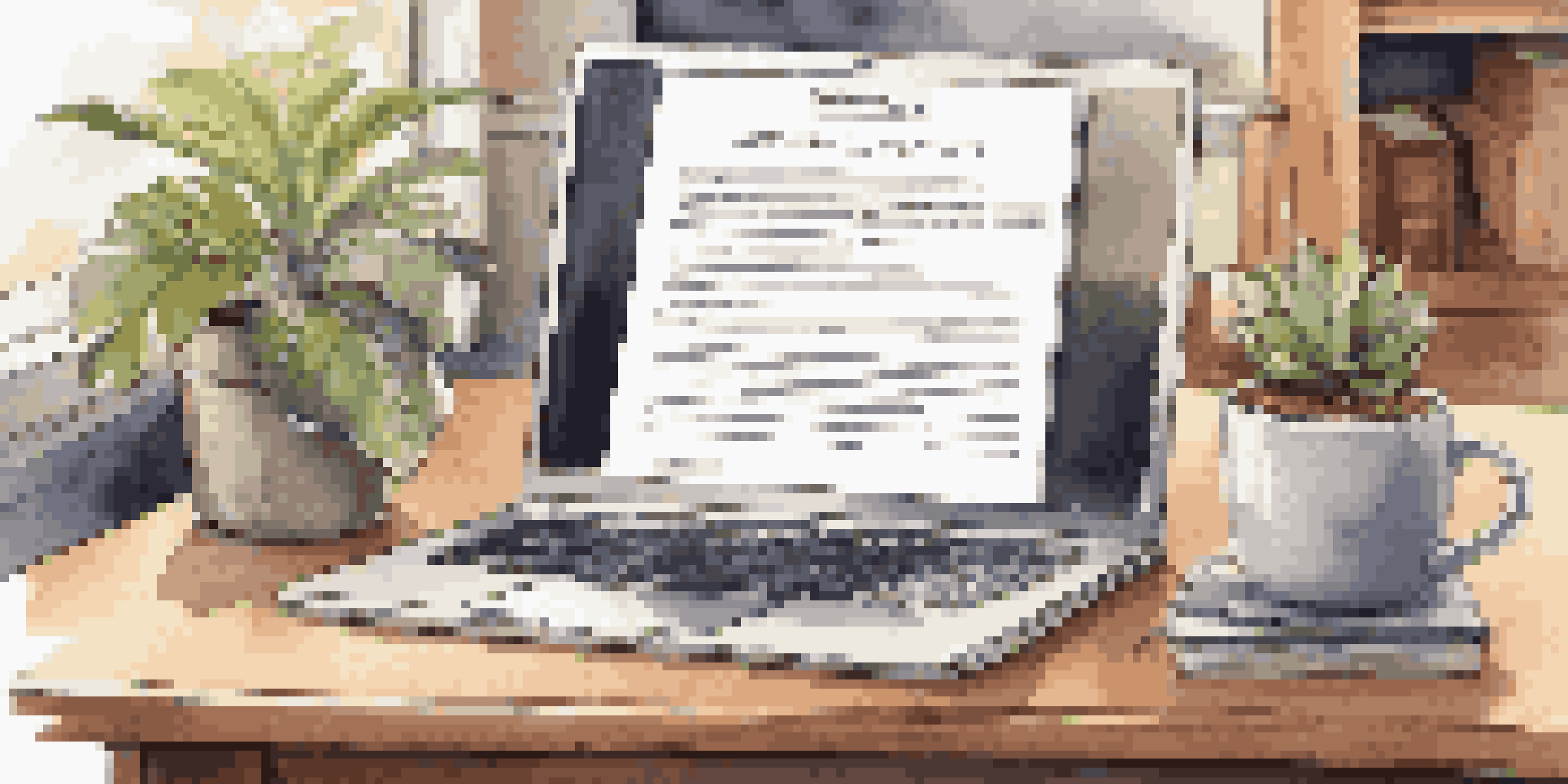 A workspace with a wooden desk, an open laptop showing a digital employment contract, a potted plant, and a cup of coffee in warm lighting.