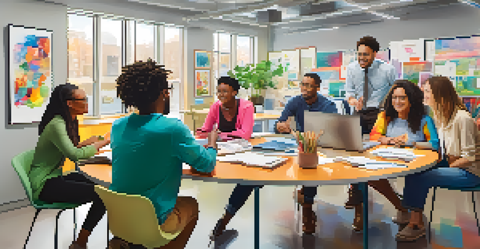 A diverse team of professionals collaborating in a bright, modern workspace, discussing around a table filled with laptops and documents, showcasing enthusiasm.