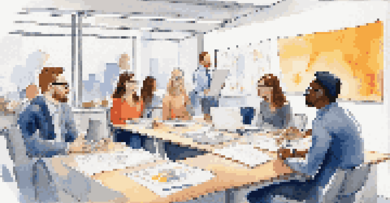 A team meeting in a modern office where members actively listen and engage with each other, surrounded by a colorful whiteboard.