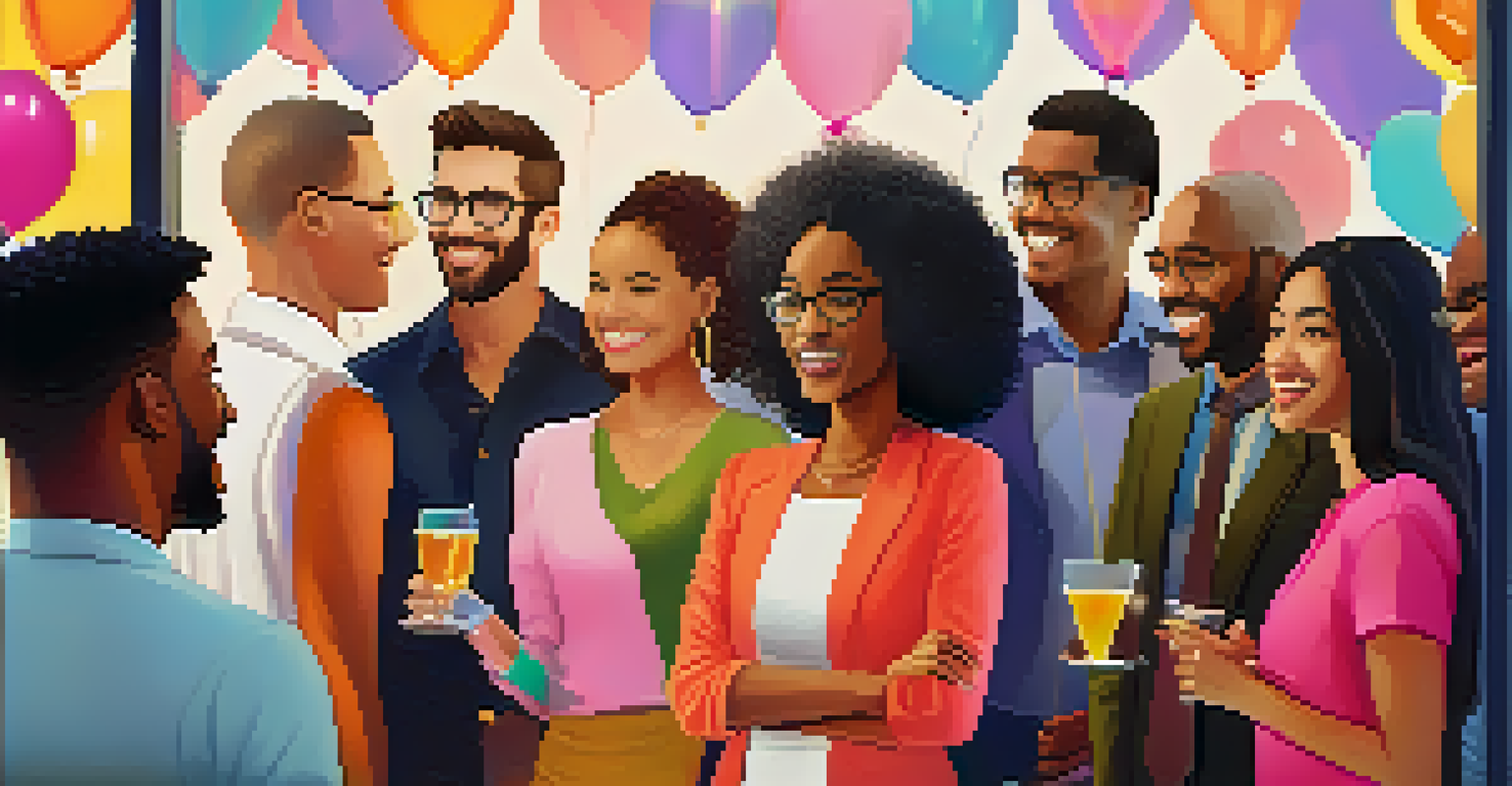 A diverse group of individuals engaged in a lively discussion at a networking event, smiling and collaborating in a modern venue with colorful decorations.