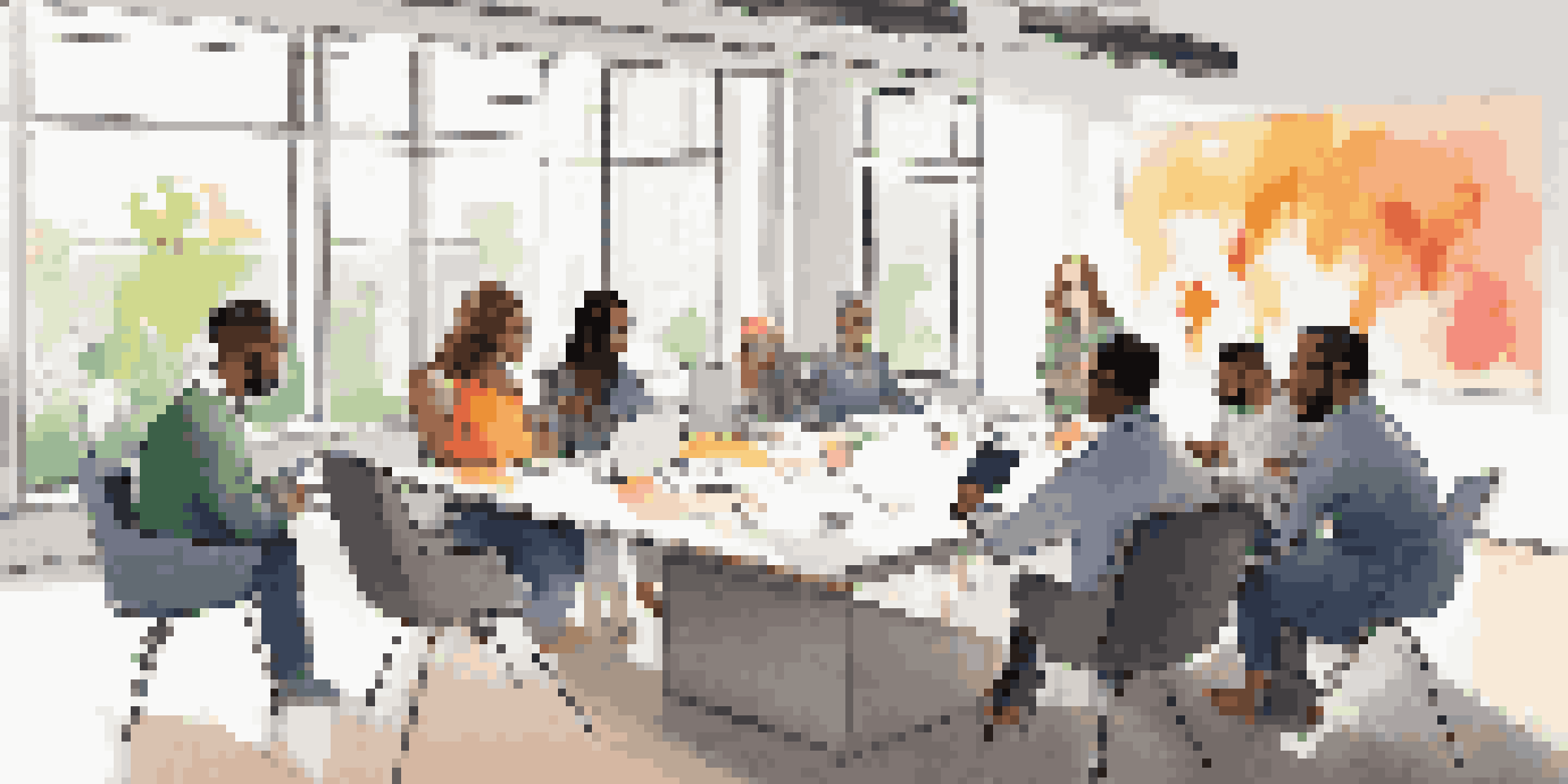 A diverse group of employees engaged in a brainstorming session at a conference table, with a bright room and a whiteboard filled with notes.