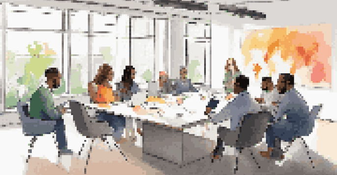 A diverse group of employees engaged in a brainstorming session at a conference table, with a bright room and a whiteboard filled with notes.