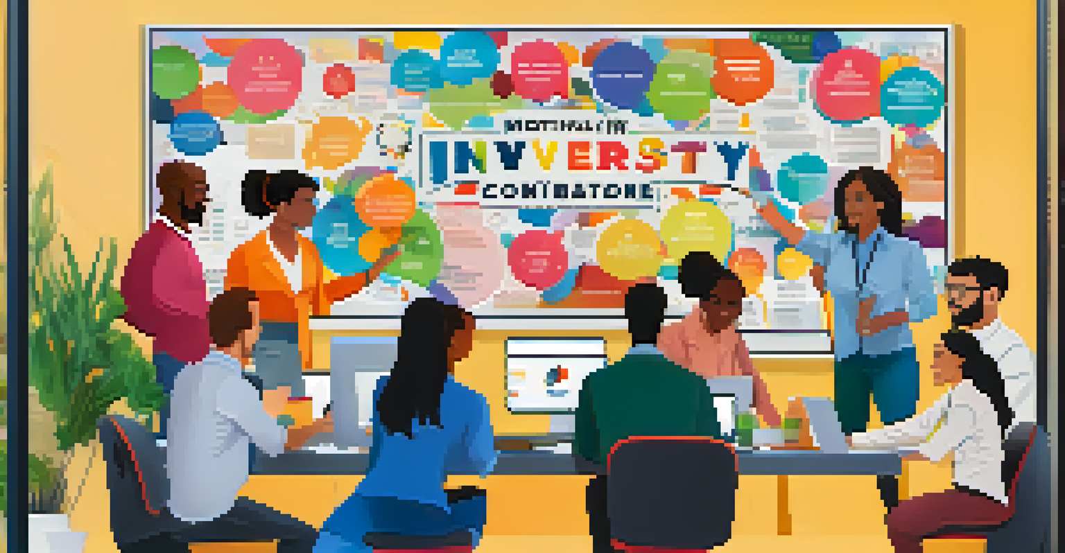 A motivational poster that reads 'Invest in Diversity' with images of diverse individuals collaborating, set against a blurred office background.