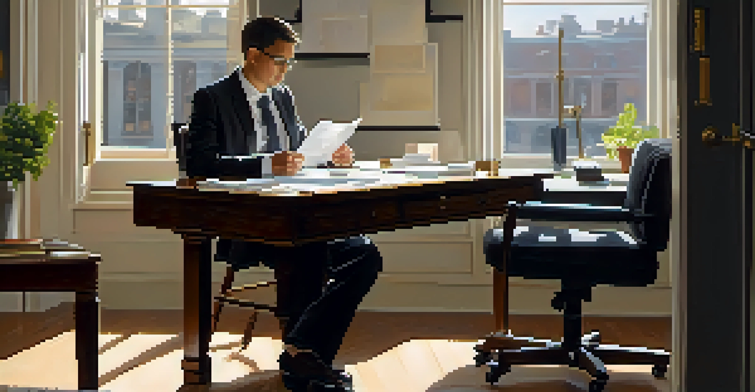 A person preparing for a job interview at a desk with notes and a mirror, bathed in natural light from a nearby window.