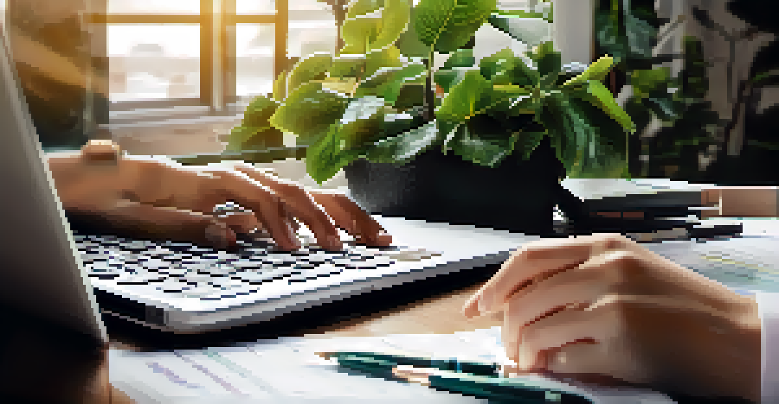 Close-up of hands typing on a laptop with financial planning materials like a budget worksheet and calculator in the background.