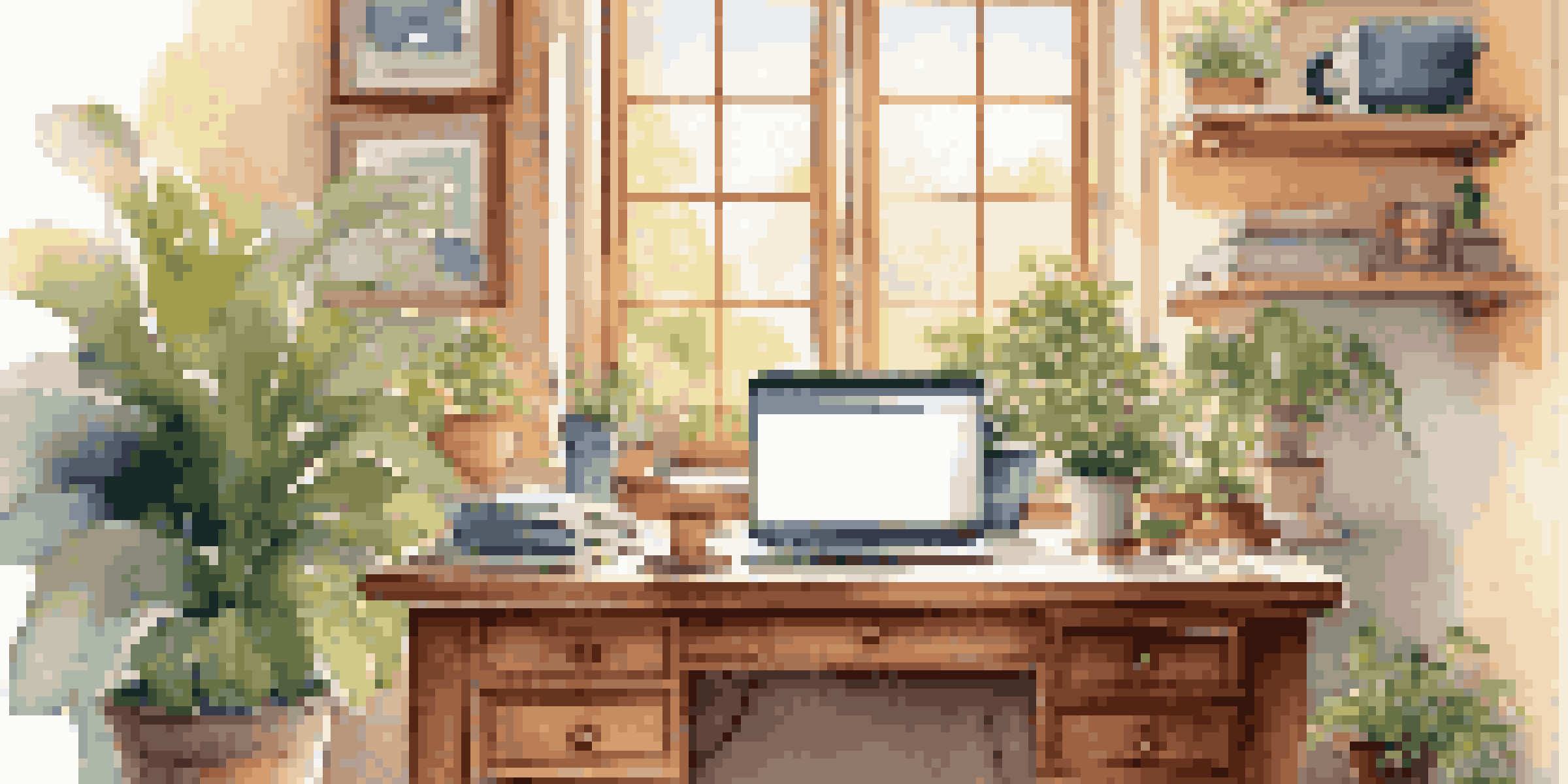 A cozy home office with a wooden desk, laptop, coffee cup, and a view of a garden through the window.