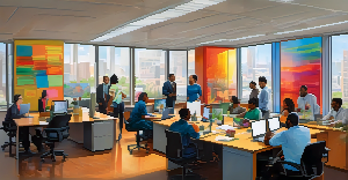 A diverse group of employees collaborating in a bright office, showcasing inclusivity and teamwork.