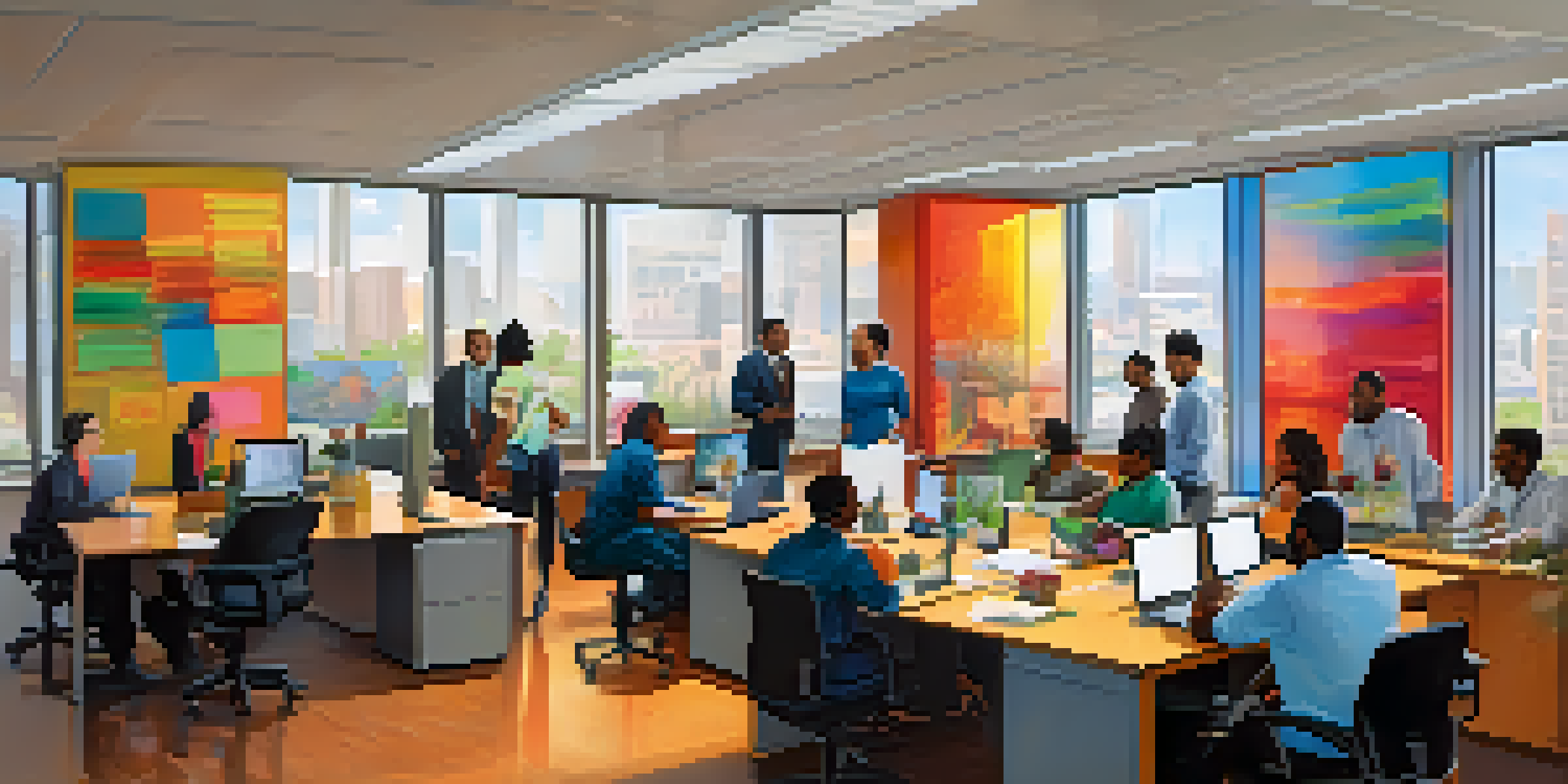 A diverse group of employees collaborating in a bright office, showcasing inclusivity and teamwork.